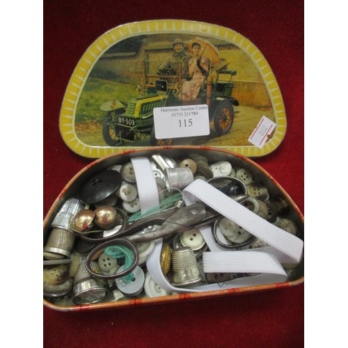 115 - VINTAGE TIN WITH HABERDASHERY CONTENTS