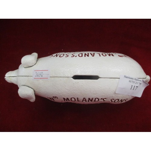 117 - CAST IRON PIG MONEY BOX ADVERTISING Wm MOLAND'S SONS, QUAKER CITY, HAMS