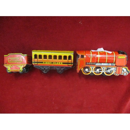 121 - TIN BRITISH RAILWAYS TRAIN ENGINE, CARRIAGE AND COAL CART