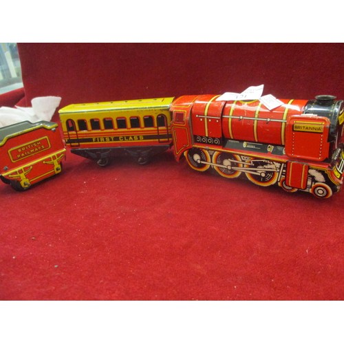121 - TIN BRITISH RAILWAYS TRAIN ENGINE, CARRIAGE AND COAL CART