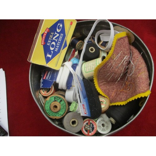 134 - VINTAGE TIN AND SEWING ITEMS COTTONS ETC