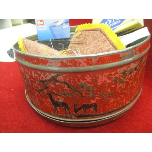 134 - VINTAGE TIN AND SEWING ITEMS COTTONS ETC
