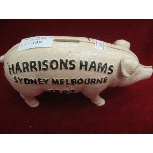 139 - CAST IRON PIG MONEY BANK ADVERTISING HARRISONS HAMS, SYDNEY, MELBOURNE 1897 REPRODUCTION