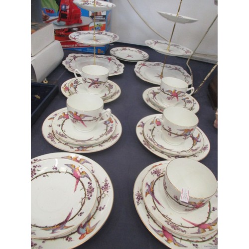 143 - SANDWICH SET OF 2 CAKE STANDS,  SETTTING FOR 6 (ONE CUP MISSING) 2 CAKE PLATES -  MAUVE BIRD DESIGN