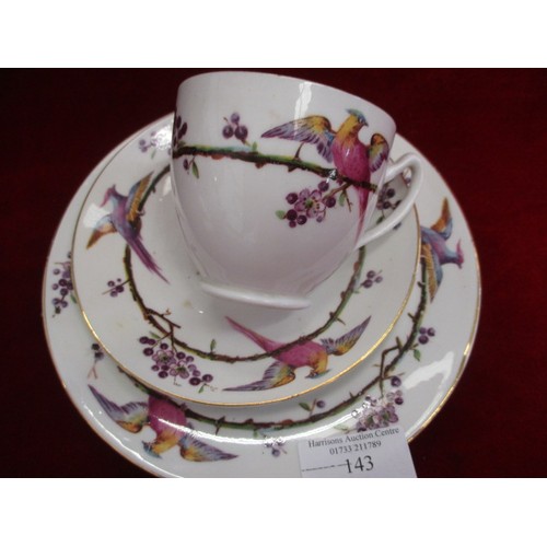 143 - SANDWICH SET OF 2 CAKE STANDS,  SETTTING FOR 6 (ONE CUP MISSING) 2 CAKE PLATES -  MAUVE BIRD DESIGN