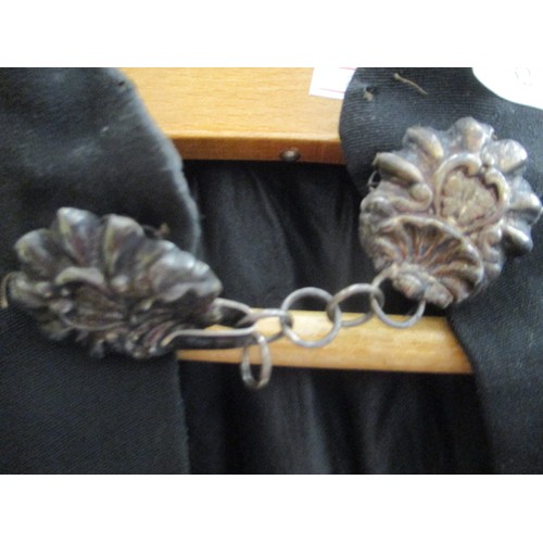 33 - VICTORIAN MOURNING CAPE ALL HAND STITCHED SILVER CLASP & CHAIN, DECORATED WITH PANELS OF MARCASITE B... 