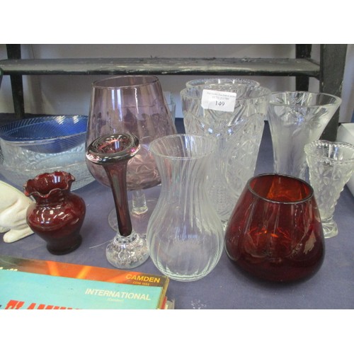 149 - LOVELY COLLECTION OF MIXED VASES - CUT GLASS, CLEAR AND RED GLASS
