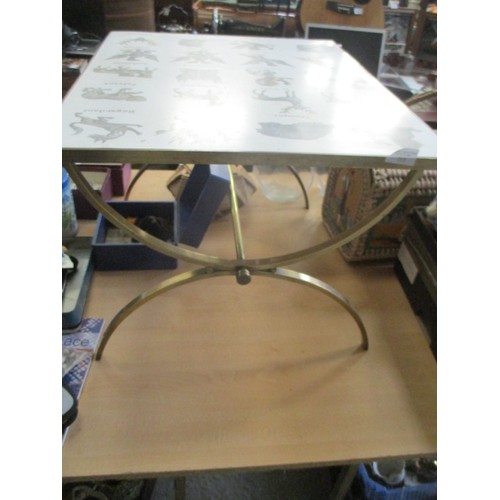 213 - RETRO BRASS BASED TABLE WITH HERALDIC SYMBOLS TOP