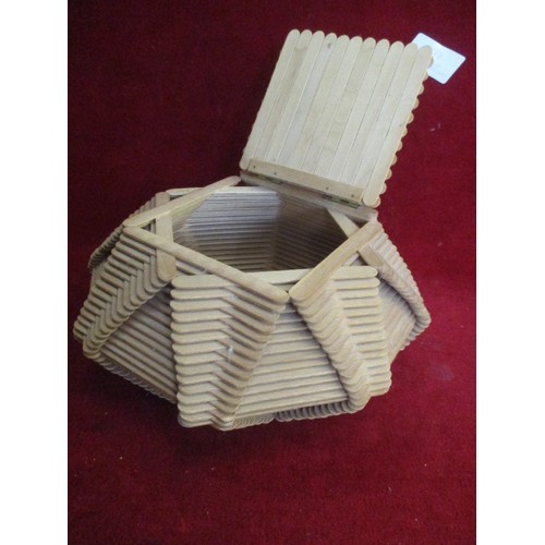 218 - VERY  DECORATIVE BOX MADE FROM LOLLI POP STICKS WITH SHELLS ON A HINGED LID