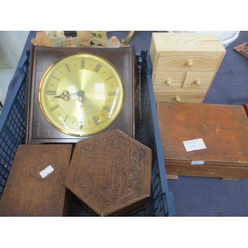 192 - WOODEN SURROUND CLOCK AND 4 WOODEN BOXES INCLUDING MUSICAL AND CARVED