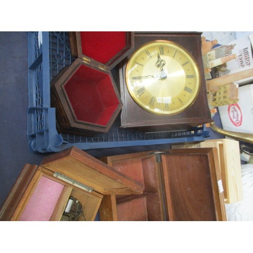 192 - WOODEN SURROUND CLOCK AND 4 WOODEN BOXES INCLUDING MUSICAL AND CARVED