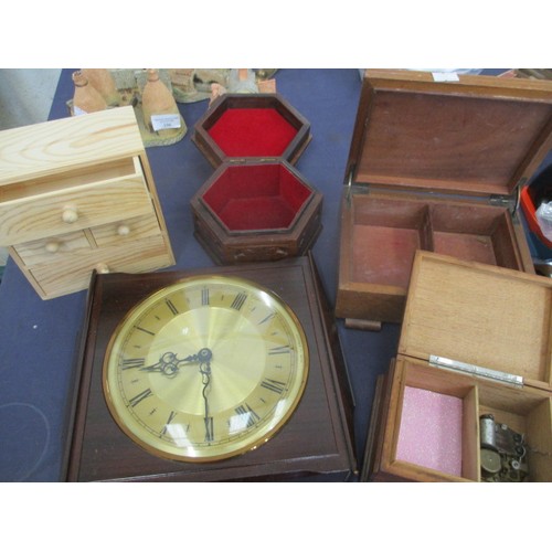 192 - WOODEN SURROUND CLOCK AND 4 WOODEN BOXES INCLUDING MUSICAL AND CARVED