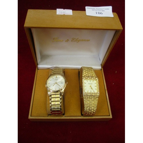 186 - 2  WATCHES ONE MALE AND ONE FEMALE BOXED BY TIME  ELEGANCE