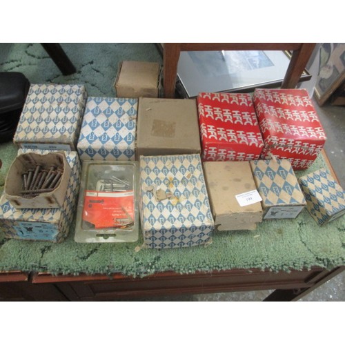 190 - 13 SMALL BOXES OF MIXED SCREW AND NAILS ETC