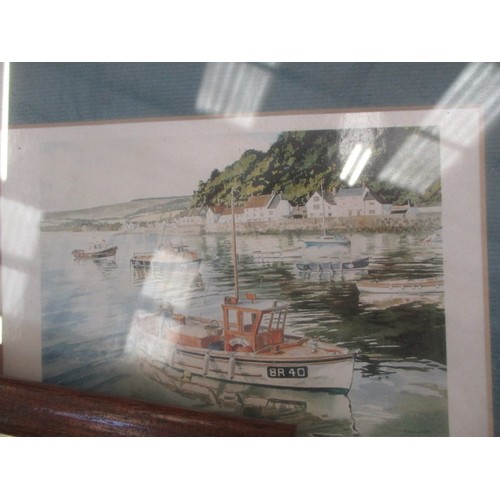 230 - SET OF 4 FRAMED AND GLAZED PRINTS SIGNED FALLON AND ONE FRAMED AND GLAZED WATER COLOUR