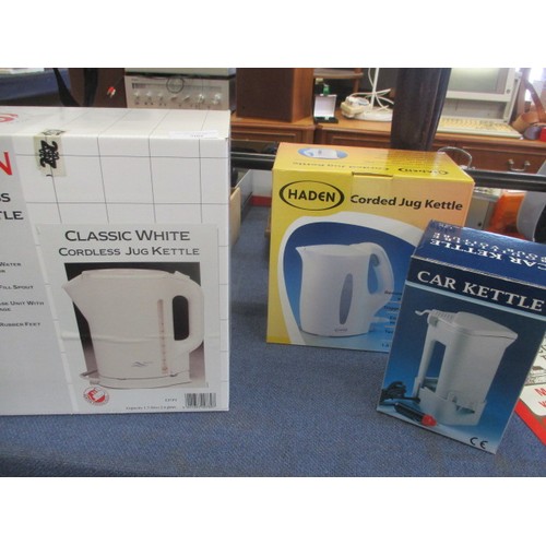 209 - 3 BOXED KETTLES ONE CAR KETTLE ONE CORDED JUG KETTLE BY HADEN AND ONE SWAN CORDLESS JUG KETTLE