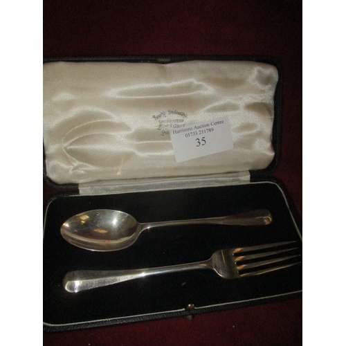 28 - SILVER CHRISTENING SET FORK AND SPOON, LONDON 1932