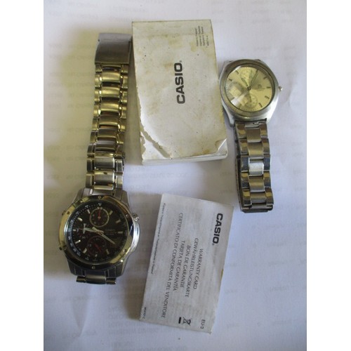 34 - GENTS CASIO ALARM DUAL TIME CHRONOGRAPH WATCH IN SILVER METAL WITH BOOKLET PLUS A MARCO ROMA WATCH