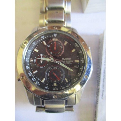 34 - GENTS CASIO ALARM DUAL TIME CHRONOGRAPH WATCH IN SILVER METAL WITH BOOKLET PLUS A MARCO ROMA WATCH