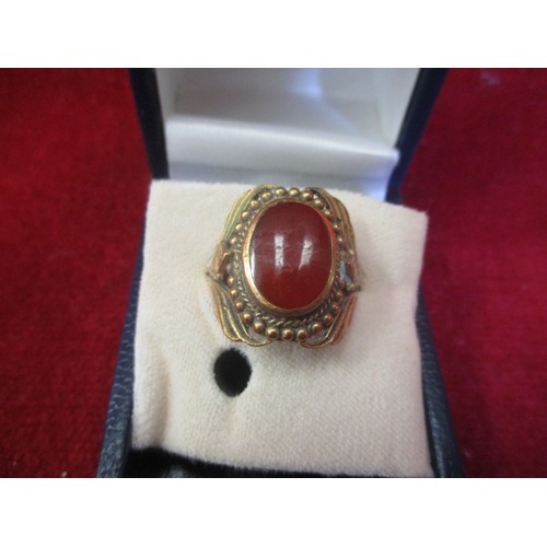 14 - LARGE 9CT GOLD (TESTED)  VICTORIAN RING WITH AMBER STONE  SIZE 0