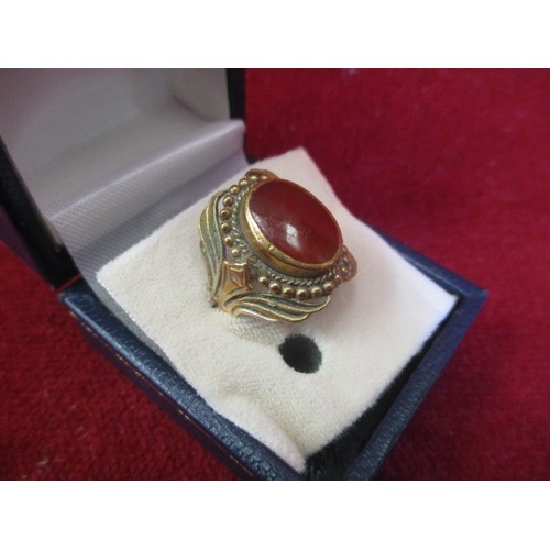 14 - LARGE 9CT GOLD (TESTED)  VICTORIAN RING WITH AMBER STONE  SIZE 0