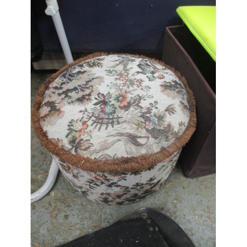 268 - MIXED ITEMS POUFFE,FOLDING STOOL, SHOOTING STICK, SEAT LINER PLUS STORAGE BOX