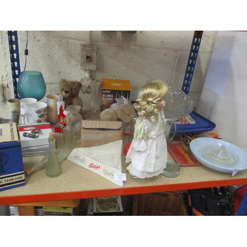 335 - MIXED LOT INCLUDING DOLL ON STAND BASS ASH TRAY, TANKARDS, LAP TRAY, BOWLS MUGS AND MORE