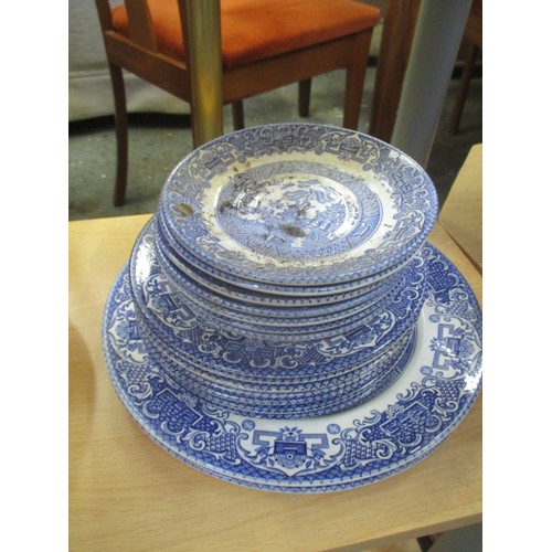 369 - STAFFORDSHIRE BLUE AND WHITE WILLOW PATTERN PART DINNER/TEA SET