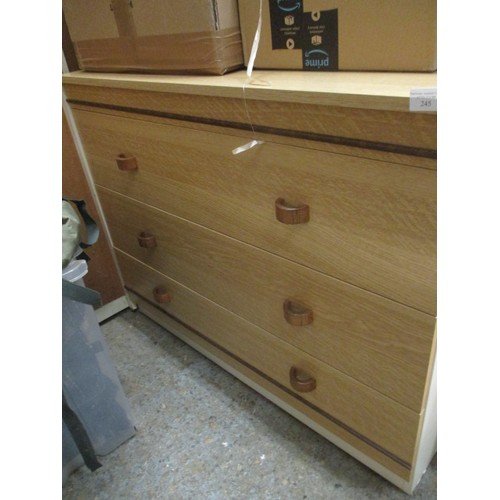 245 - CREAM AND WOOD EFFECT 3 DRAWER CHEST,  3 DRAWER BEDSIDE, DOUBLE WARDROBE AND SINGLE WARDROBE