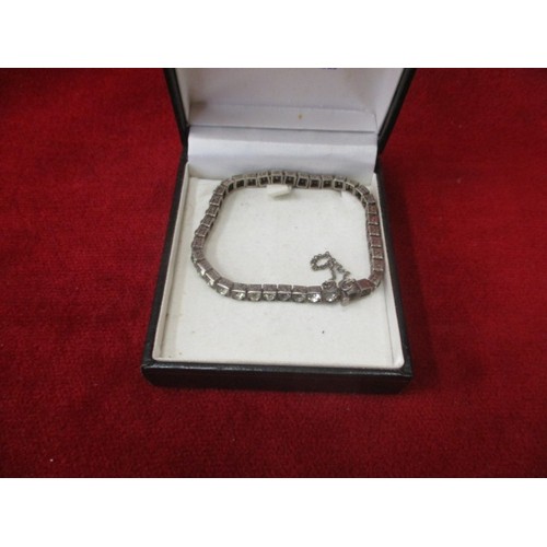 46 - VINTAGE SILVER DIAMANTE BRACELET WITH SAFETY CHAIN (2 diamantes missing)