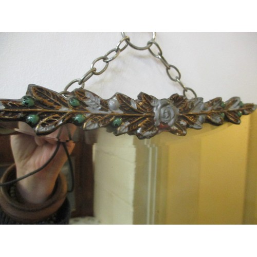 58A - VINTAGE MIRROR FRAMELESS ON CHAIN WITH METAL FLORAL DETAIL ON THE TOP OF MIRROR