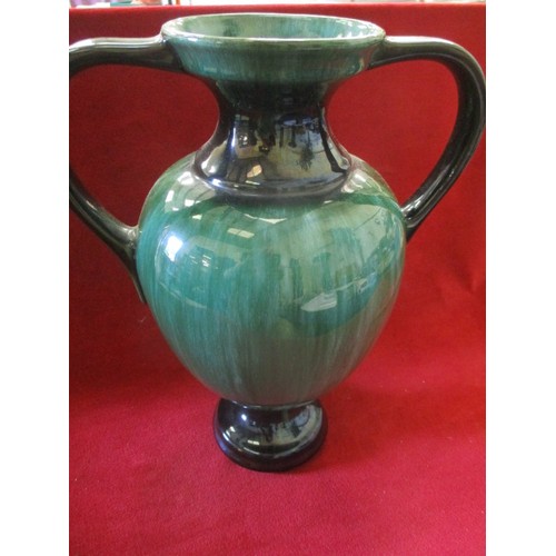 80 - DOUBLE HANDLED GREEN VASE, POOLE STYLE, 32 CM HIGH