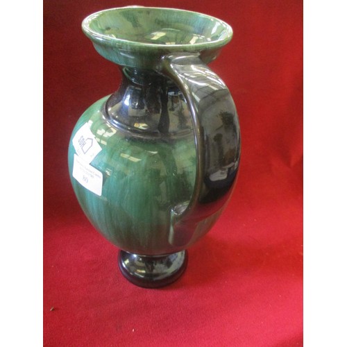 80 - DOUBLE HANDLED GREEN VASE, POOLE STYLE, 32 CM HIGH