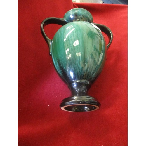 80 - DOUBLE HANDLED GREEN VASE, POOLE STYLE, 32 CM HIGH