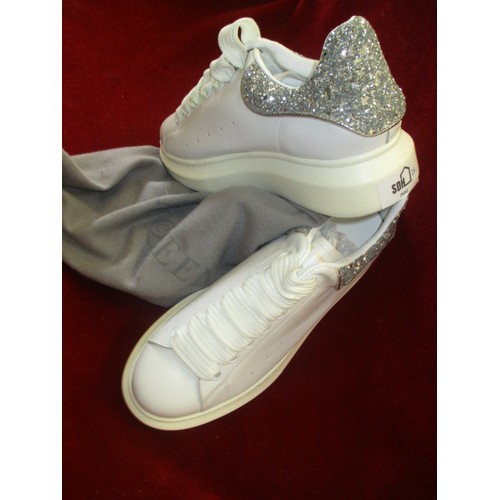 86 - ALEXANDER McQUEEN TRAINERS, SIZE 38, WHITE WITH GLITTER HEEL