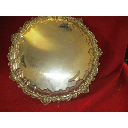 97 - SILVER PLATE SERVING PLATE ON 3 ORNATE FEET