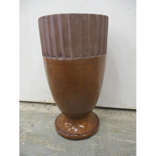 113 - LARGE BROWN PART GLAZED POTTERY VASE, 36 CM HIGH