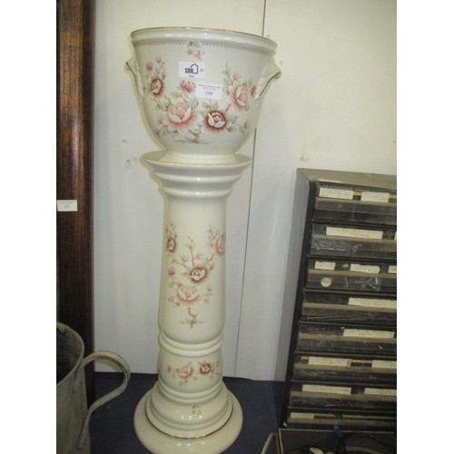 148 - WHITE JARDINIERE WITH PINK/BROWN FLORAL DESIGN