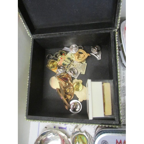 166 - MIXED BOX - MIRRORED COMPACT BY GHOST, MAG MOUGH' TRACTOR AND LAND ROVER CUFFLINKS,  PEPPERETTE ETC