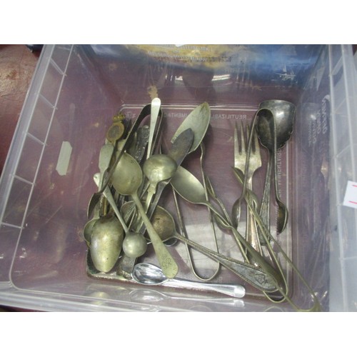 249 - BOX OF SILVER PLATE SUGAR TONGS, SALT SPOONS AND MORE