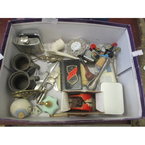 256 - MIXED BOX INCLUDING LACE BOBBIN, CLOCK, PIPE AND MORE