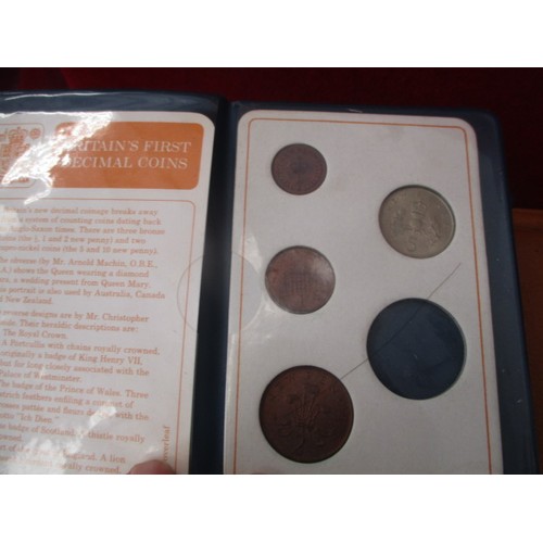 17 - 19 PRE DECIMAL COINS SETS IN TAN FOLDERS AND  4 X BRITAIN'S FIRST DECIMAL COINS