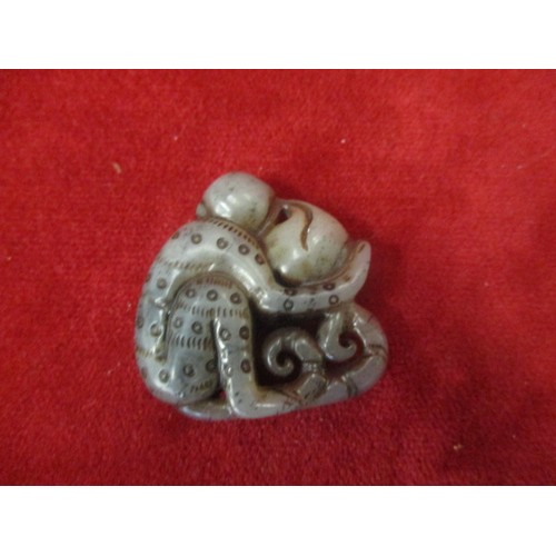 63 - CHINESE NATURAL HEITIAN GREEN JADE HAND CARVED PENDANT, DOUBLE SIDED MONKEY