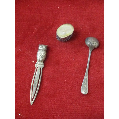 73 - 3 PIECES OF HALLMARKED SILVER - PILL POT, SPOON, BOOK MARK