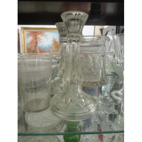 76 - 3 SHELVES OF GLASSWARE, SUNDAE DISH, FRUIT BOWLS,  JUG, GLASSES ETC