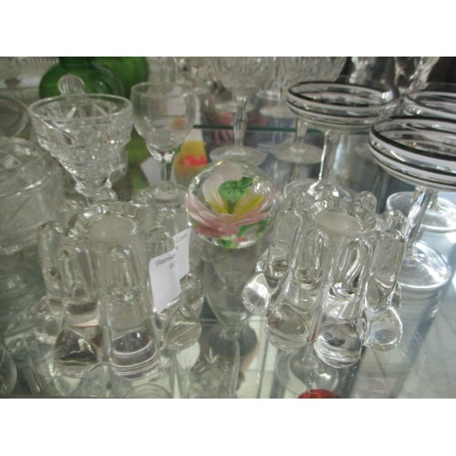 76 - 3 SHELVES OF GLASSWARE, SUNDAE DISH, FRUIT BOWLS,  JUG, GLASSES ETC