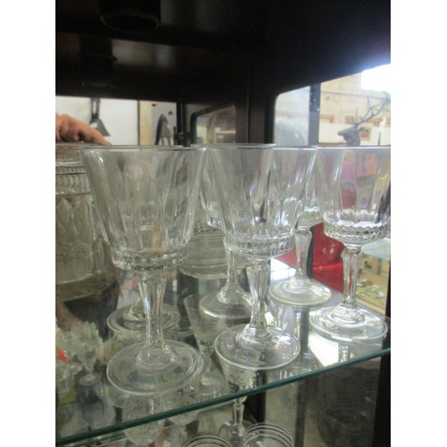 76 - 3 SHELVES OF GLASSWARE, SUNDAE DISH, FRUIT BOWLS,  JUG, GLASSES ETC