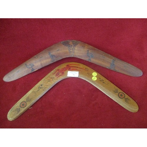 92 - 2 HAND CARVED & DECORATED WOODEN BOOMERANGS