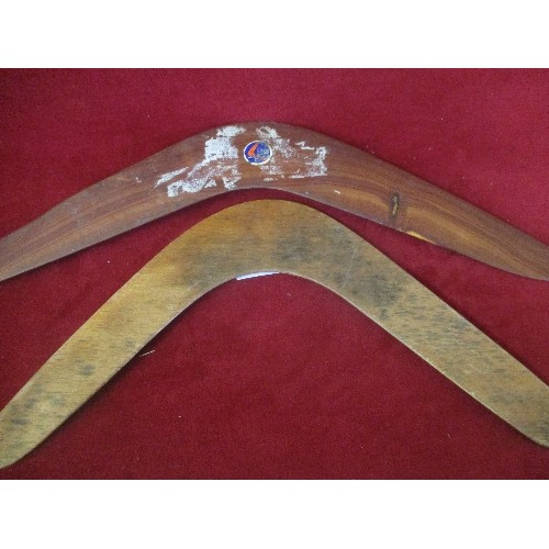 92 - 2 HAND CARVED & DECORATED WOODEN BOOMERANGS