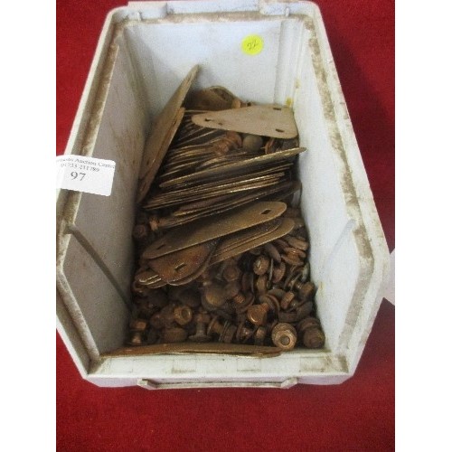 97 - BOX OF NUTS & BOLTS, STRENGTHENING CORNER PLATES ETC